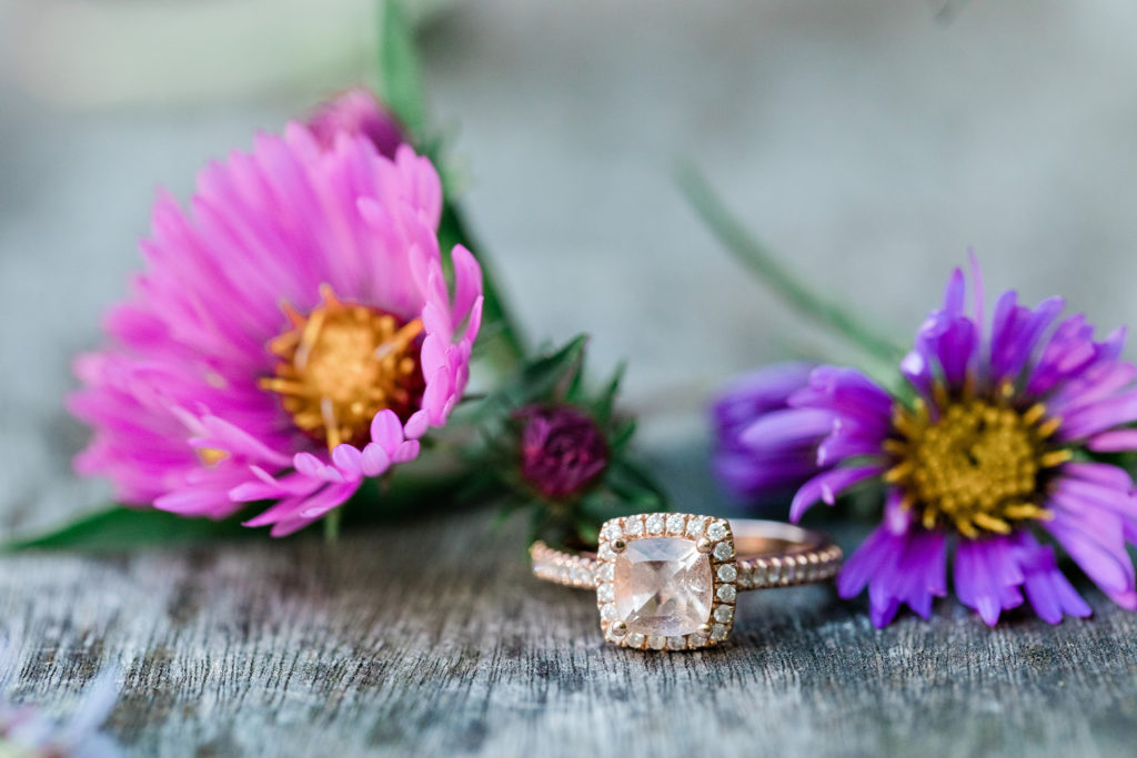 Macro Engagement Ring Shot with Flowers